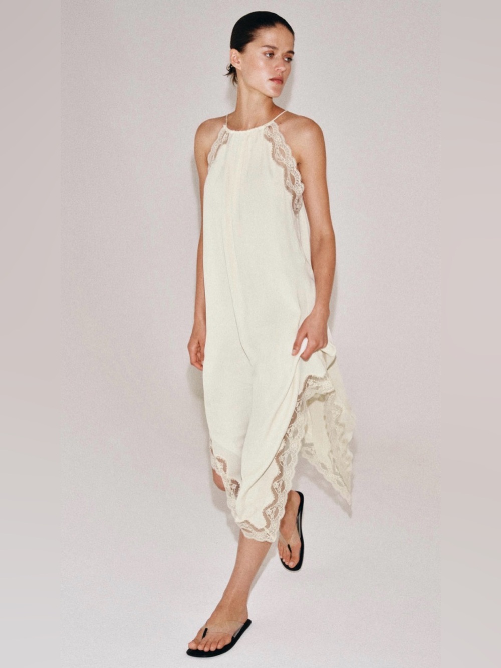 ZARA Lace-Trim Cream Halter Dress Asymmetrical Lace Hem